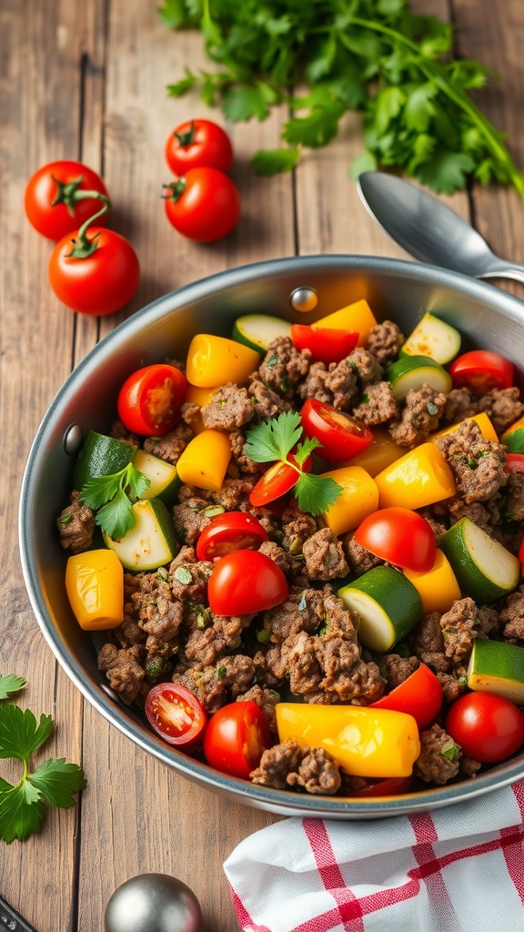 Healthy Summer Ground Beef Medley A skillet filled with ground beef and colorful vegetables, garnished with parsley, on a rustic wooden table.
